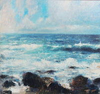 View and buy original landscape paintings by Jim Wright online at The Biscuit Factory. Image portrays crashing waves in stunning blue tones.