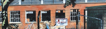 Image shows a cropped section of an urban landscape painting by Andrea Sadler