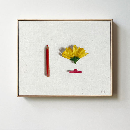 an original painting of a red colouring pencil, a yellow flower, and a pink cardboard tag assembled neatly on a pale background