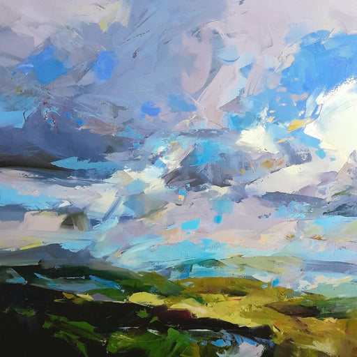 As Far by Angela Edwards, an original, expressive landscape paitning in greens and blues | Find original landscape art at The Biscuit Factory Newcastle