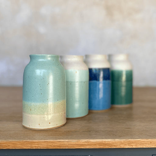 Bottle Vases by Emily Doran, a selection of ceramic vases in green, blue and yellow glazes | Original homeware for sale at The Biscuit Factory Newcastle