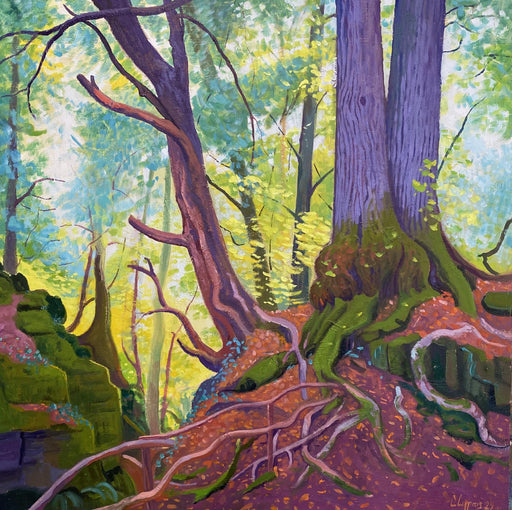 Colorful painting of a forest scene with trees and roots
