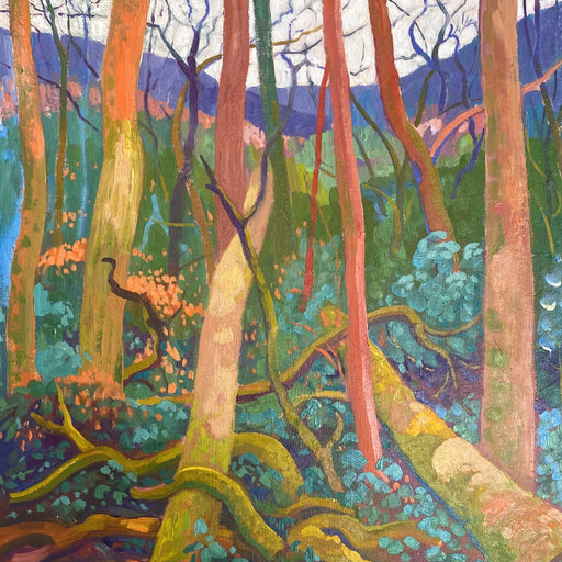 Colorful forest painting with trees and fallen logs