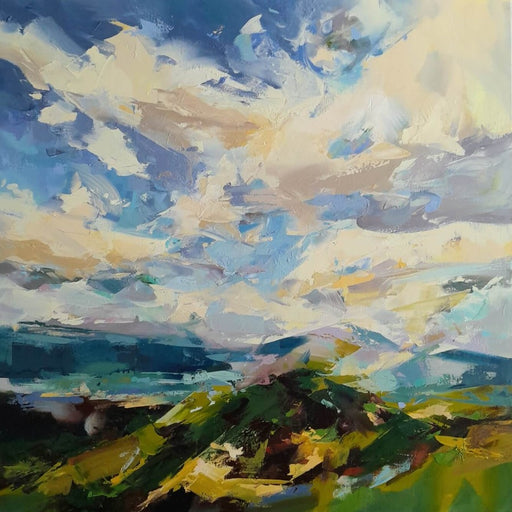Hilltop by Angela Edwards, an original, expressive landscape paitning in greens and blues | Find original landscape art at The Biscuit Factory Newcastle