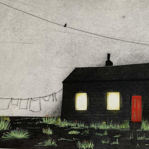 I'm Sure they will Dry by Sarah Morgan | Contemporary Collagraph print of a cottage with washing line by Sarah Morgan for sale at The Biscuit Factory