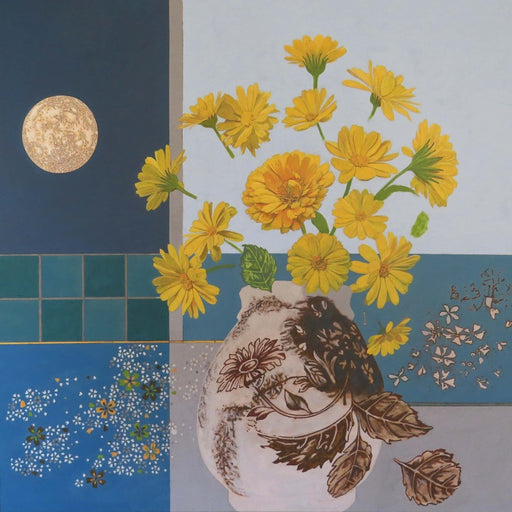 Little Calendar by Simon M Smith, a collage-like painting of yellow flowers, a moon and patterns. | Original art for sale at The Biscuit Factory Newcastle