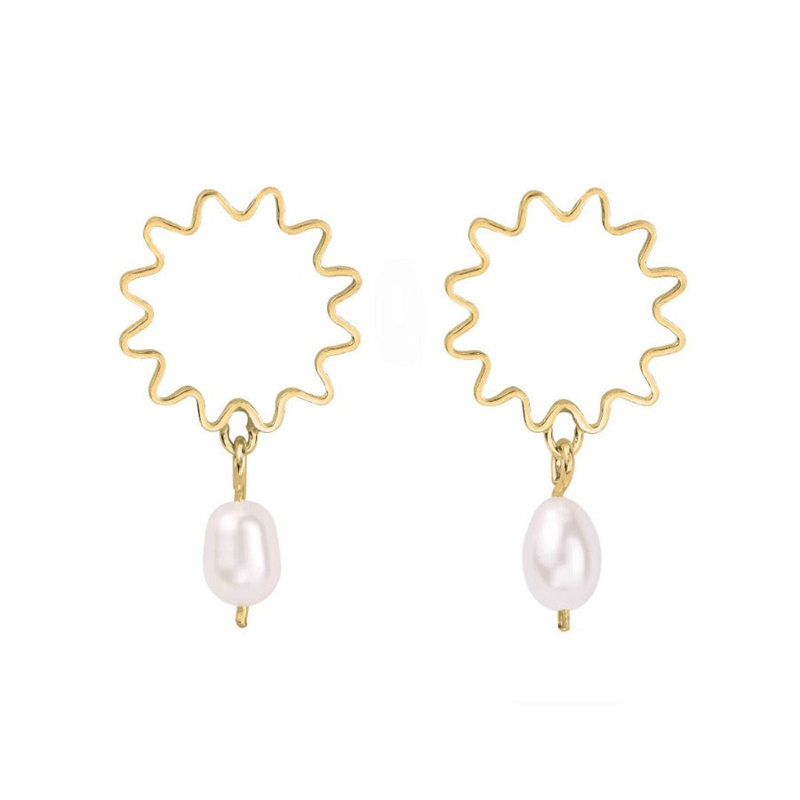 Mini pearl earrings by Olivia Taylor, a pair of gold earrings with pearl droplet. | Contemporary, sustainable jewellery for sale at The Biscuit Factory Newcastle