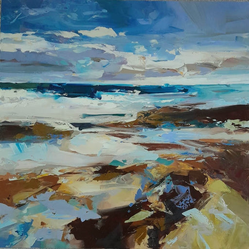 Passing Time by Angela Edwards, an original, expressive landscape paitning in browns and blues | Find original landscape art at The Biscuit Factory Newcastle