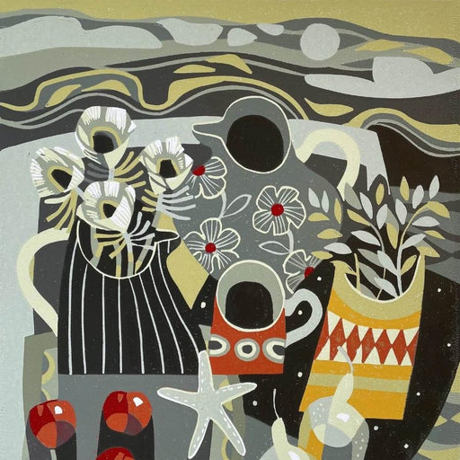 Plums & Pears by Jane Walker | Limited Edition Linocut print of Still Life for sale at The Biscuit Factory Newcastle