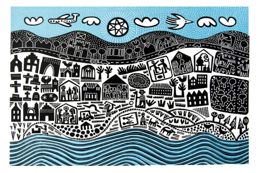 St Andrews by Hilke MacIntyre | Contemporary Linocut Print for sale at The Biscuit Factory Newcastle
