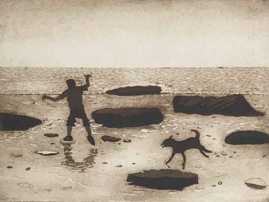 Stepping Stones by Tim Southall, a limited edition print of a man and a dog on a beach