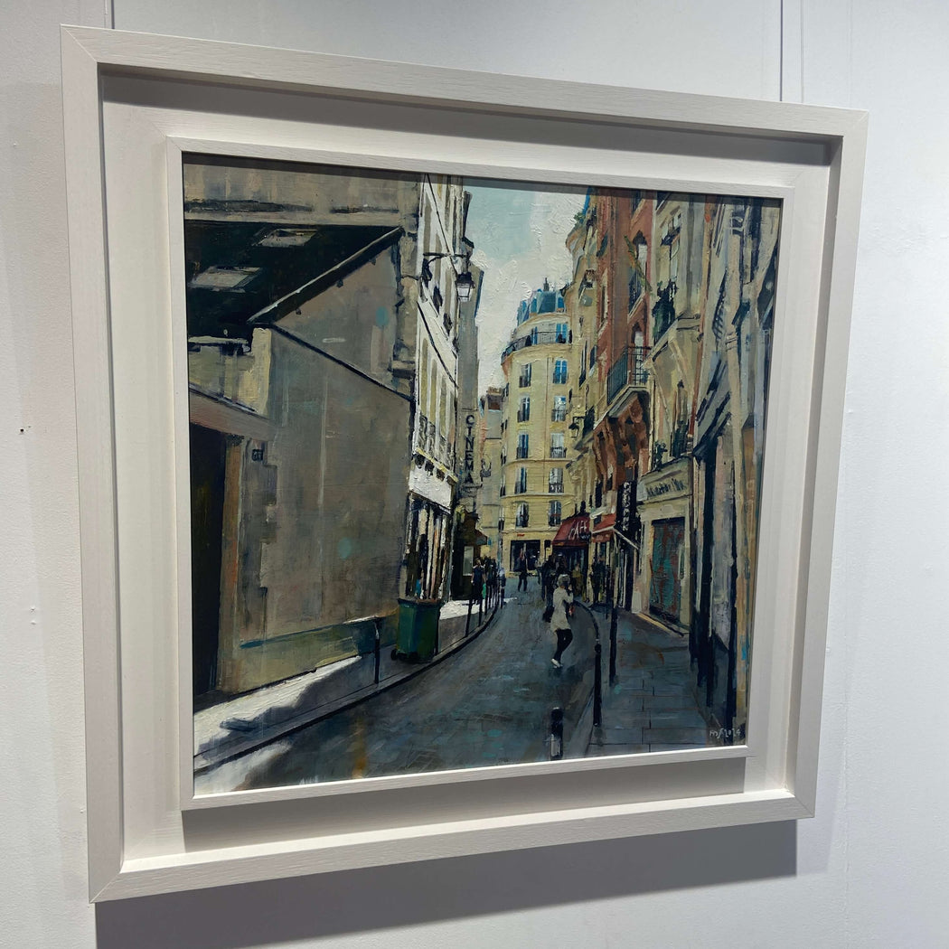 Street Life II by Mark Sofilas, a white-framed oil painting of a street scene. | Original art for sale at The Biscuit Factory Newcastle