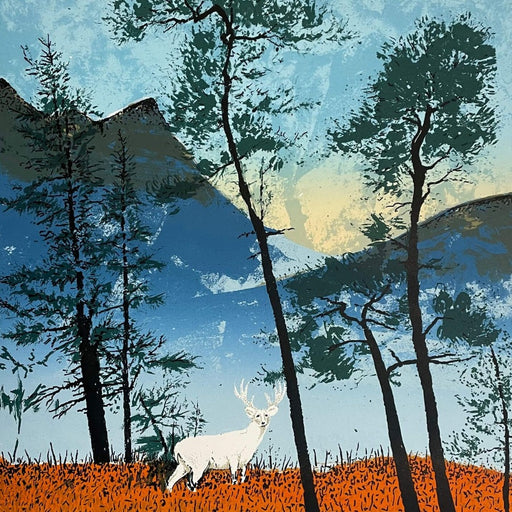 White Stag by Tim Southall, a limited edition print of a stag in a wood
