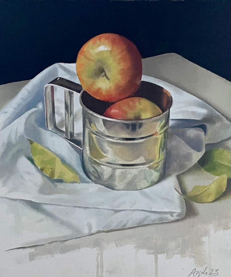 Apples with Metal Sieve by Angelo Murphy | Contemporary Painting for sale at The Biscuit Factory Newcastle 