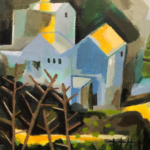 An original painting by artist Michael St Clair in a colourful palette and cubist style