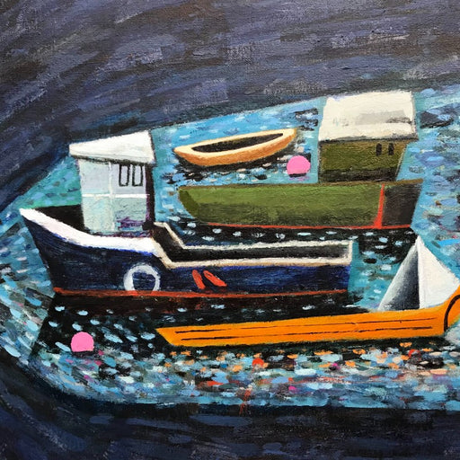 An original painting by artist Michael St Clair in a colourful palette and cubist style