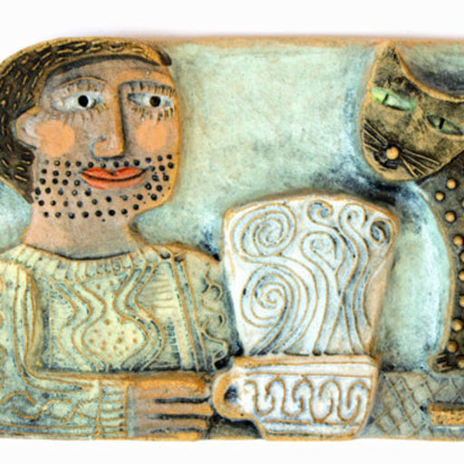 Man and Cat by Hilke Macintyre | Contemporary Ceramics for sale at The Biscuit Factory Newcastle