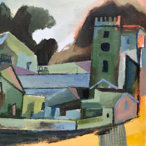 An original painting by artist Michael St Clair in a colourful palette and cubist style