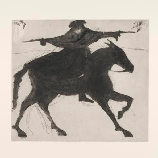 'Dick Turpin' by Kate Boxer, an original print of the highwayman on a black horse. Limited edition art prints for sale at The Biscuit Factory Newcastle.