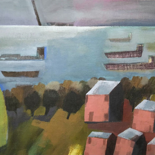 An original painting by artist Michael St Clair in a colourful palette and cubist style