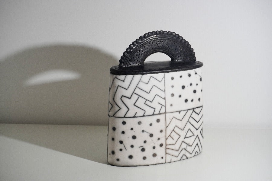 Flattened Black Pot with Lid by Alan Ball | Contemporary Ceramics for sale at The Biscuit Factory Newcastle 