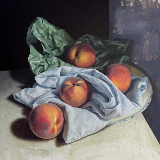 Four Peaches with Green Paper by Angelo Murphy | Contemporary Painting for sale at The Biscuit Factory Newcastle 