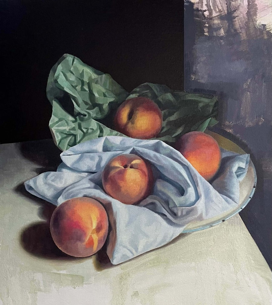 Four Peaches with Green Paper by Angelo Murphy | Contemporary Painting for sale at The Biscuit Factory Newcastle