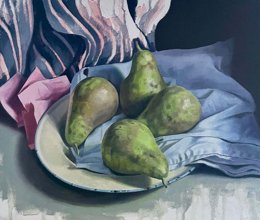 Four Pears with Striped Fabric by Angelo Murphy | Contemporary Painting for sale at The Biscuit Factory 