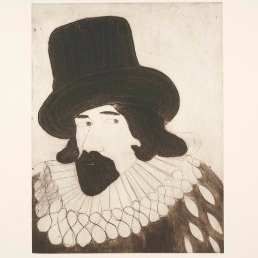 'Guy Fawkes' and original print by artist Kate Boxer of the historical figure. Limited edition art prints for sale at The Biscuit Factory newcastle
