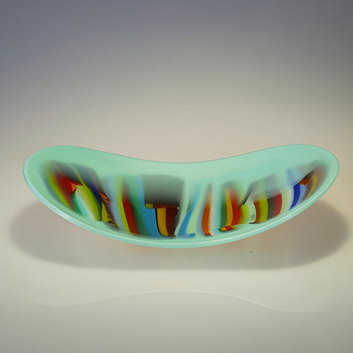 A brightly coloured, handmade glass vessel by artist Ruth Shelly. For sale at The Biscuit Factory Newcastle.