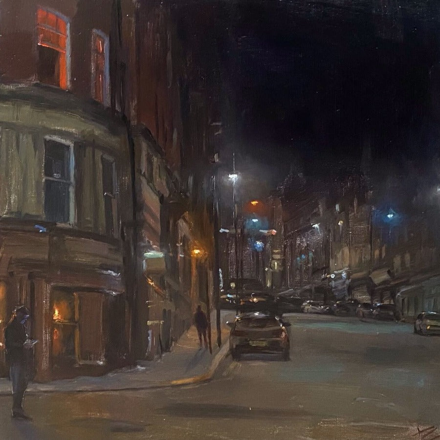 Late Afternoon by Kevin Day, an original oil painting of a city street scene. | Original, local art for sale at The Biscuit Factory Newcastle