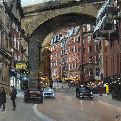 Lower Dean Street by Kevin Day, an original oil painting of a city street scene. | Original, local art for sale at The Biscuit Factory Newcastle