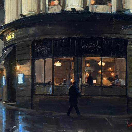 Night Restaurant by Kevin Day, an original oil painting of a city street scene. | Original, local art for sale at The Biscuit Factory Newcastle 