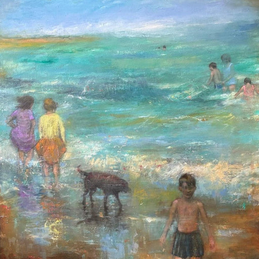 A painting of people and a dog paddling in the sea called 'Our Holiday' by Rhonda Smith.