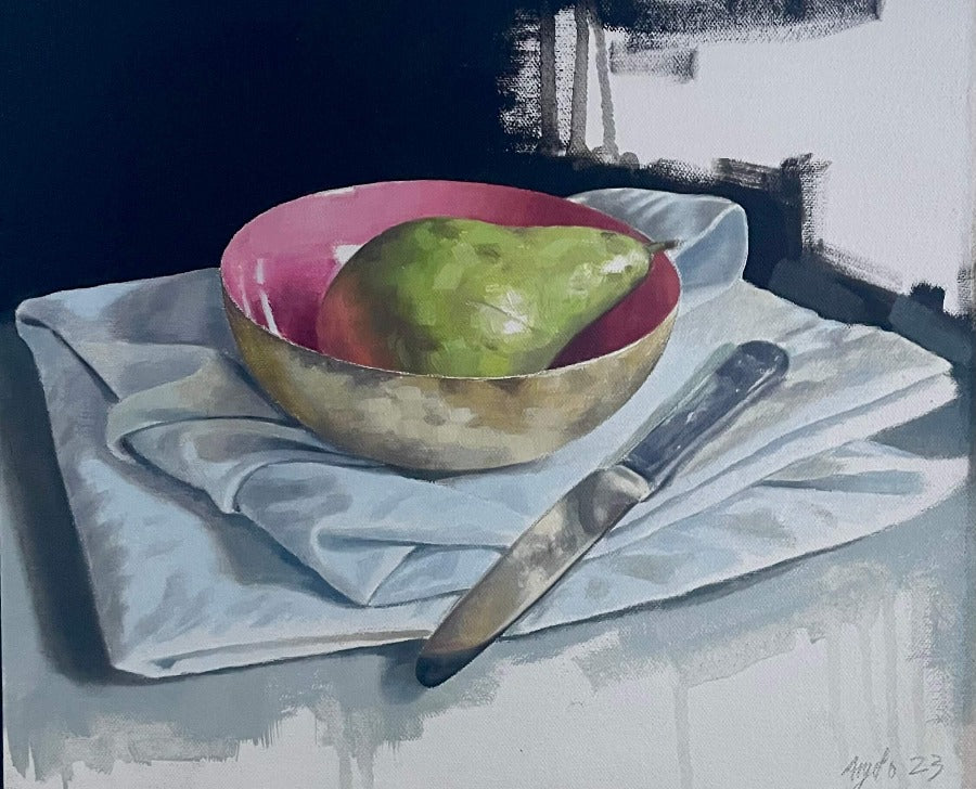 Pear with Metallic Enamel Bowl by Angelo Murphy | Contemporary Painting for sale at The Biscuit Factory Newcastle