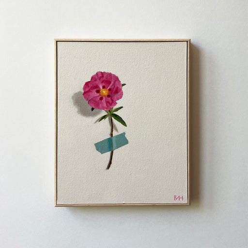 An original painting of a bright pink flower against a pale background, with a strip of green tape over its stem. Painted by artist Bess harding - for sale at The Biscuit Factory