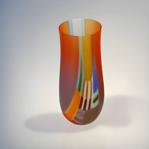 A brightly coloured, handmade glass vessel by artist Ruth Shelly. For sale at The Biscuit Factory Newcastle.