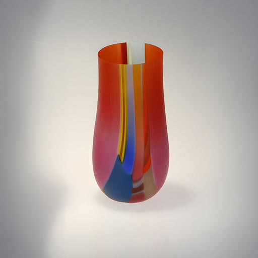 A brightly coloured, handmade glass vessel by artist Ruth Shelly. For sale at The Biscuit Factory Newcastle.
