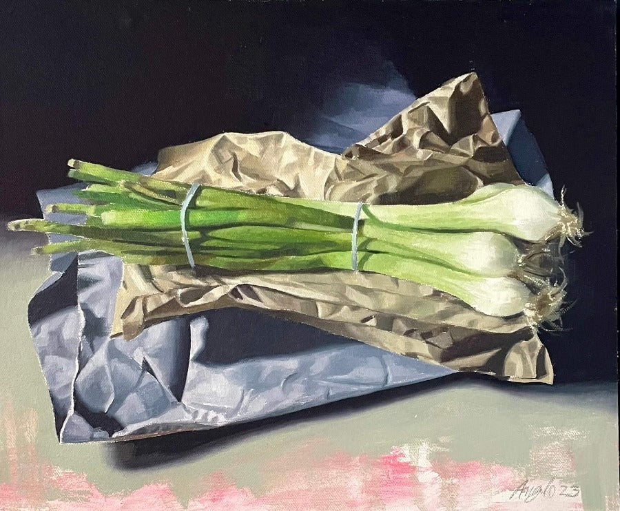 Spring Onions with Pink by Angelo Murphy | Contemporary Painting for sale at The Biscuit Factory Newcastle