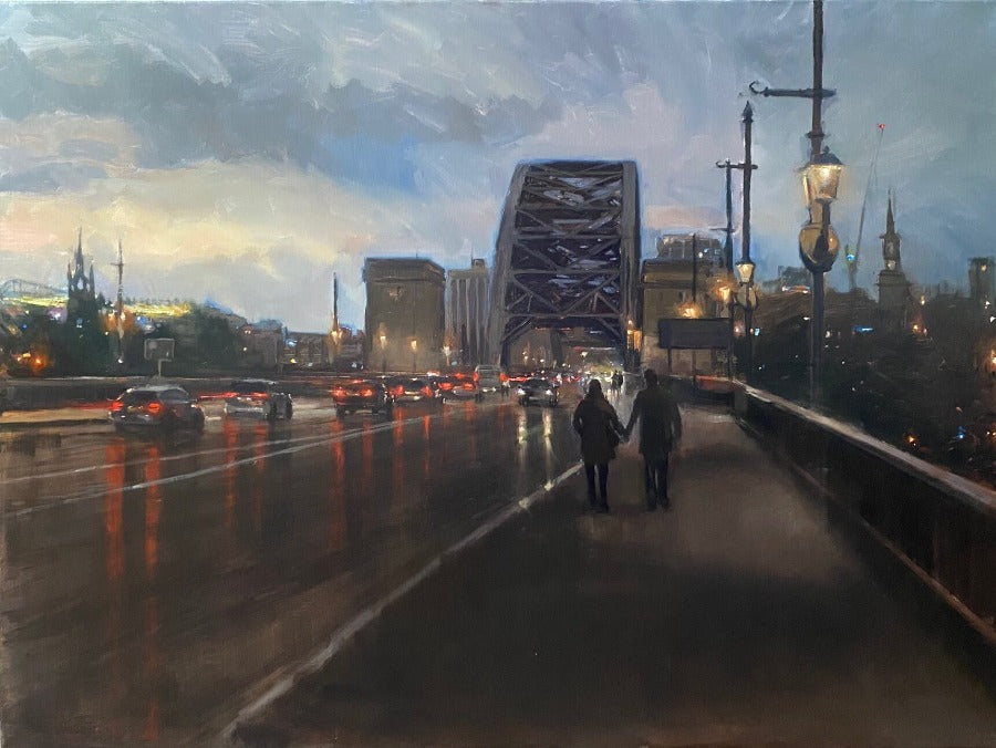 Tyne Bridge Walk by Kevin Day, an original oil painting of a city street scene. | Original, local art for sale at The Biscuit Factory Newcastle