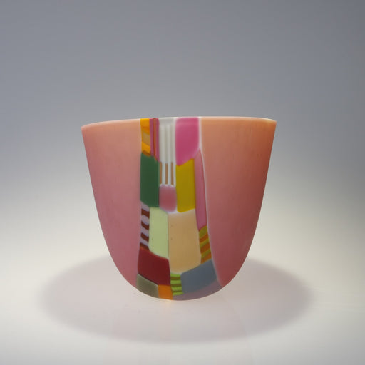 A brightly coloured, handmade glass vessel by artist Ruth Shelly. For sale at The Biscuit Factory Newcastle.