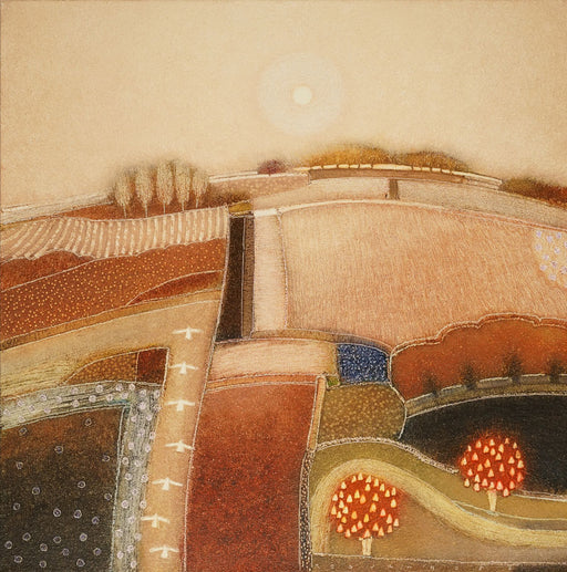 'The Promised Land', an original painting by Dutch artist Rob Van Hoek at The Biscuit Factory. Image shows a square painting of an abstracted landscape of patterned countryside in shades of orange and brown. A sun features in the top quarter of the image and to the bottom left a row of silhouetted birds.