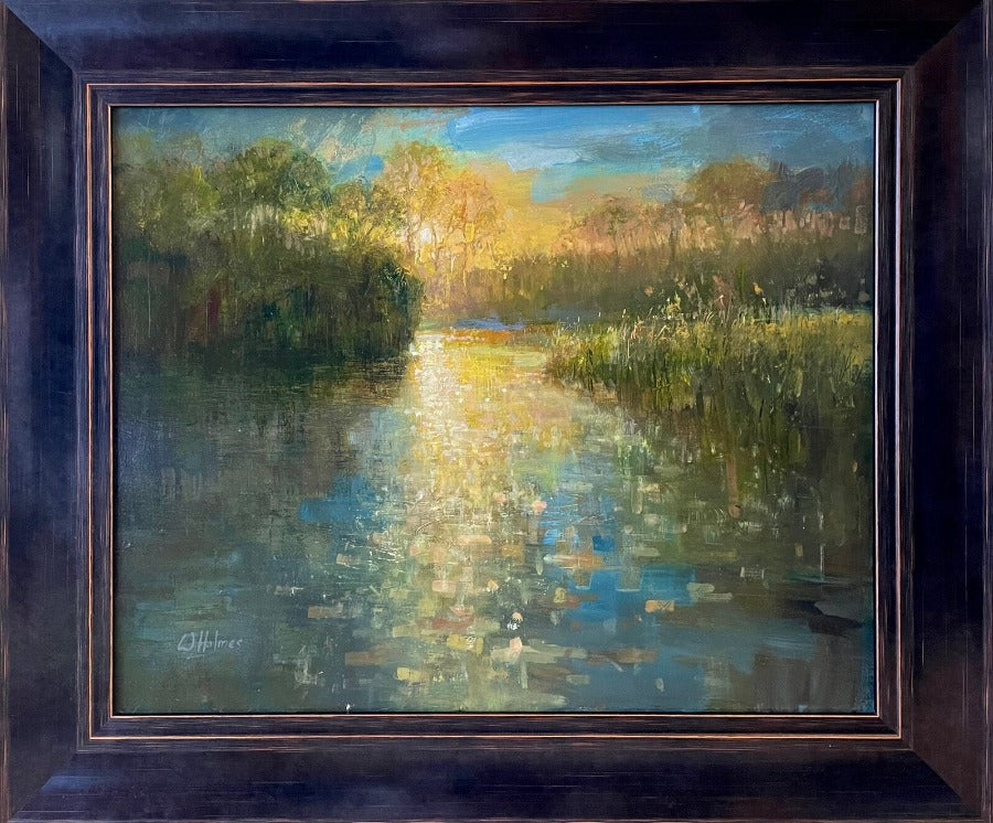 Bolam Lake Sunset by Walter Holmes, an original painting of a lake at sunset | Original landscape paintings for sale at The Biscuit Factory Newcastle 