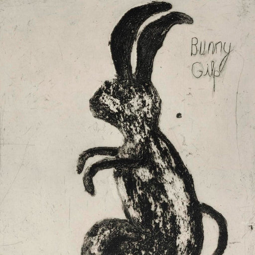 'Bunny Gilp' is a limited edition art print by Kate Boxer for sale at The Biscuit Factory. Image shows a black and white print of a bunny rabbit in profile with the words 'Bunny Gilp'.