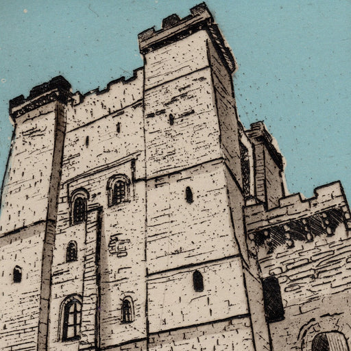 Image shows an original etching print by artist Catherine Williams depicting the Castle Keep in Newcastle city, looking from the ground up. Original art for sale at The Biscuit Factory