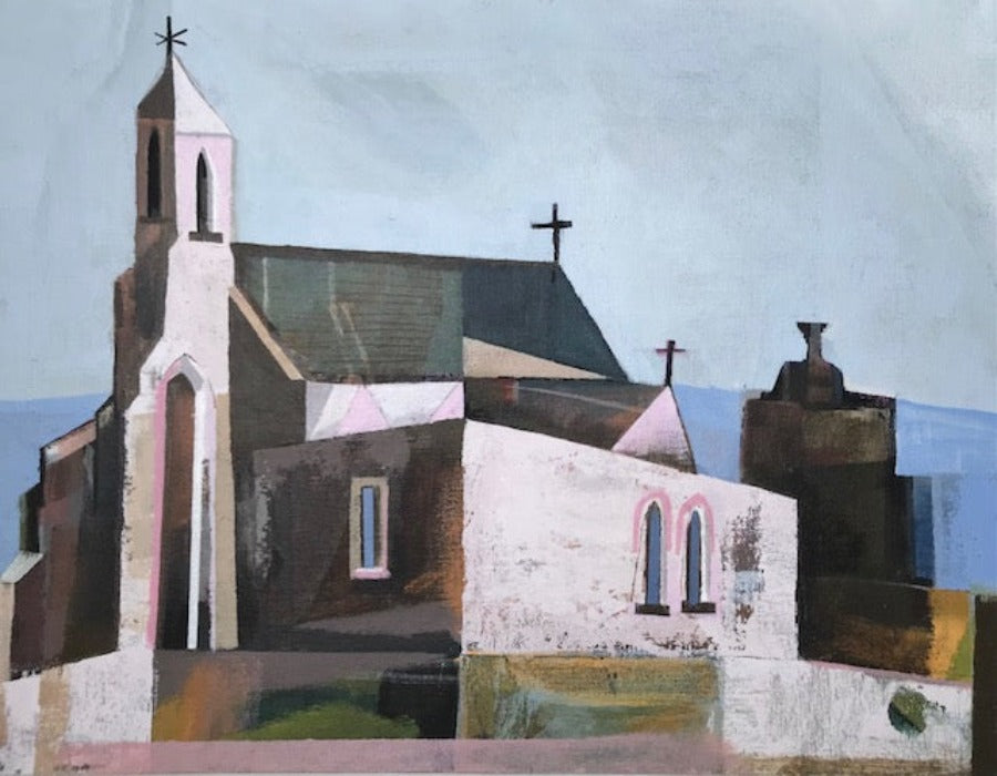 Church At Lindisfarne by Michael St Claire, an original painting of a church. | Original art for sale at The Biscuit Factory Newcastle.