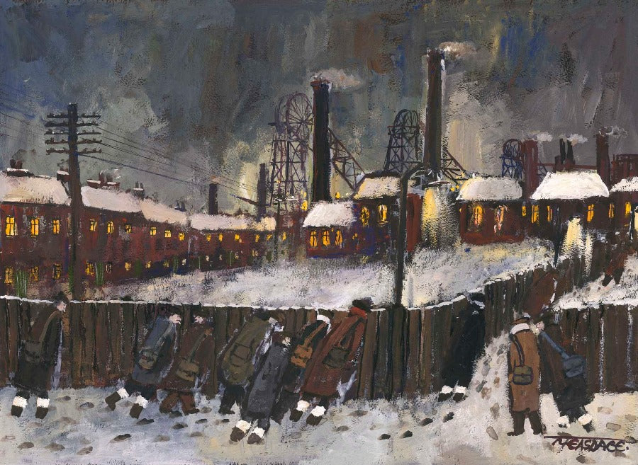 Colliery Lights by Malcolm Teasdale, an art print of workers walink past the colliery at night. | Original art for sale at The Biscuit Factory Newcastle