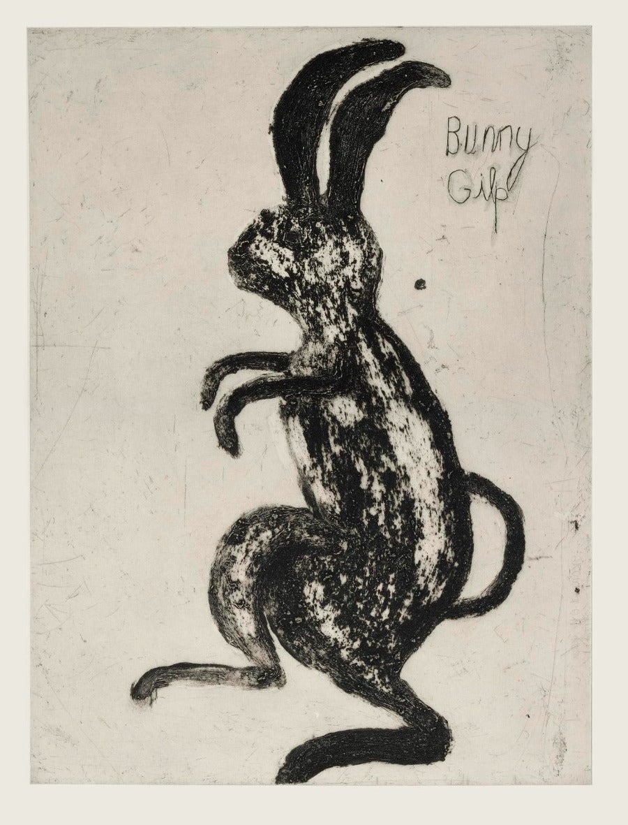 'Bunny Gilp' is a limited edition art print by Kate Boxer for sale at The Biscuit Factory. Image shows a black and white print of a bunny rabbit in profile with the words 'Bunny Gilp'.