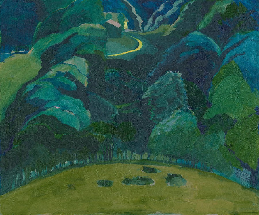 'In a Clearing' - original art for sale at The Biscuit Factory. Image shows an original acrylic painting by Christina Mingard depicting a forest clearing with blue, green and yellow colours.