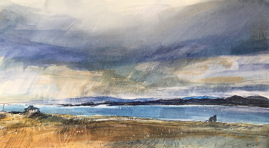 Image shows a landscape painting of the Isle of Mull. Find original art for sale like 'Dark Clouds over Mull' by Sarah Carrington at The Biscuit Factory art gallery in Newcastle
